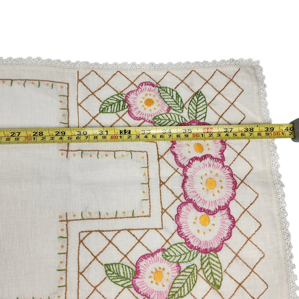 Vintage Hand-embroidered Linen Floral Table Runner Dresser Scarf 12